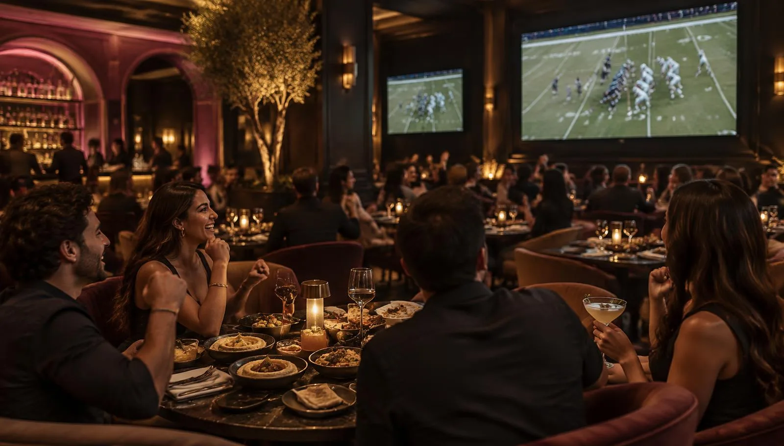Guests watching NFL football on big screens over dinner at Sivas Vegas in Las Vegas